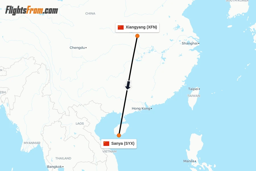 Flights from Xiangyang to Sanya route map