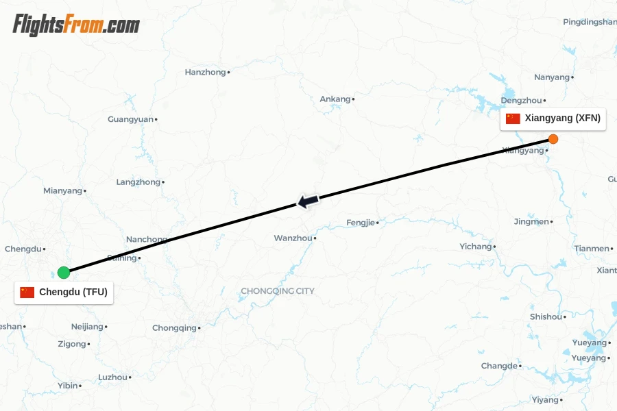 Flights from Xiangyang to Chengdu route map
