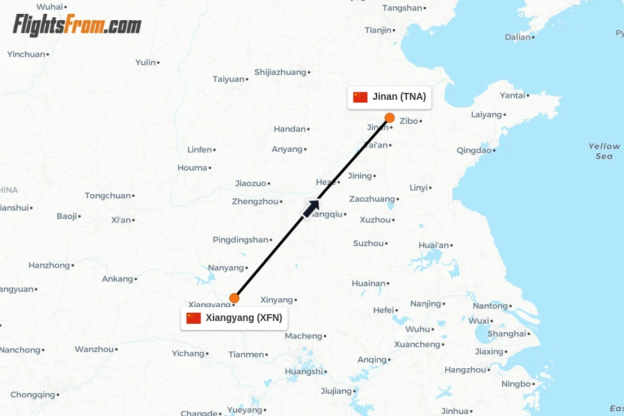 Flights from Xiangyang to Jinan route map
