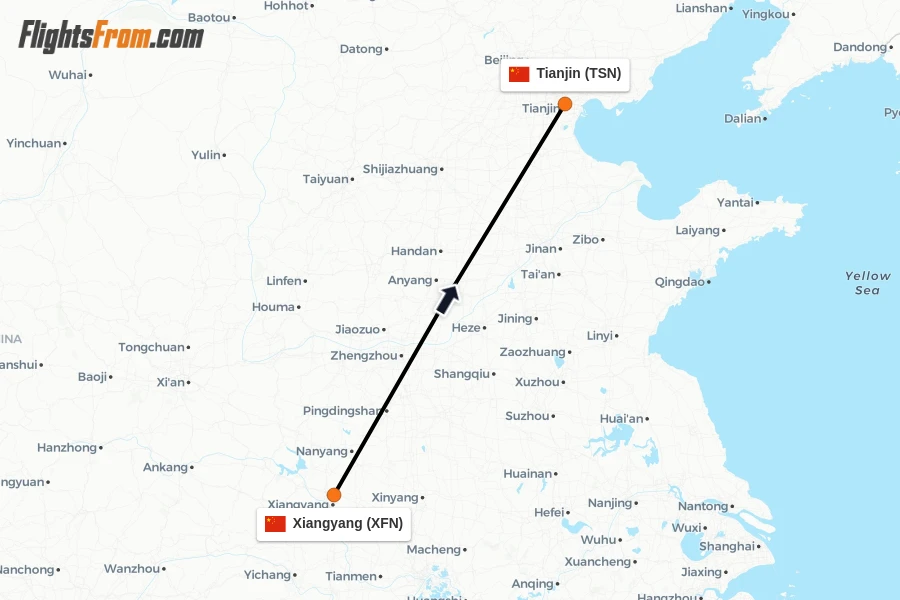 Flights from Xiangyang to Tianjin route map