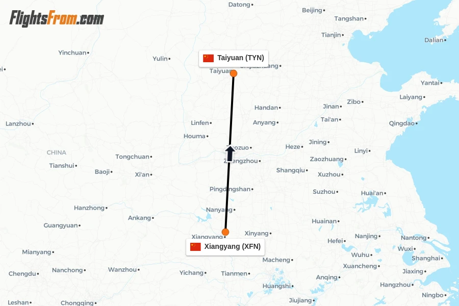 Flights from Xiangyang to Taiyuan route map