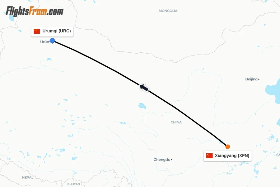 Flights from Xiangyang to Urumqi route map