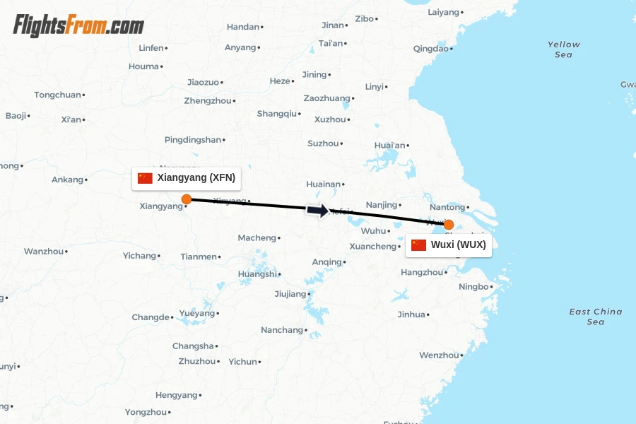 Flights from Xiangyang to Wuxi route map