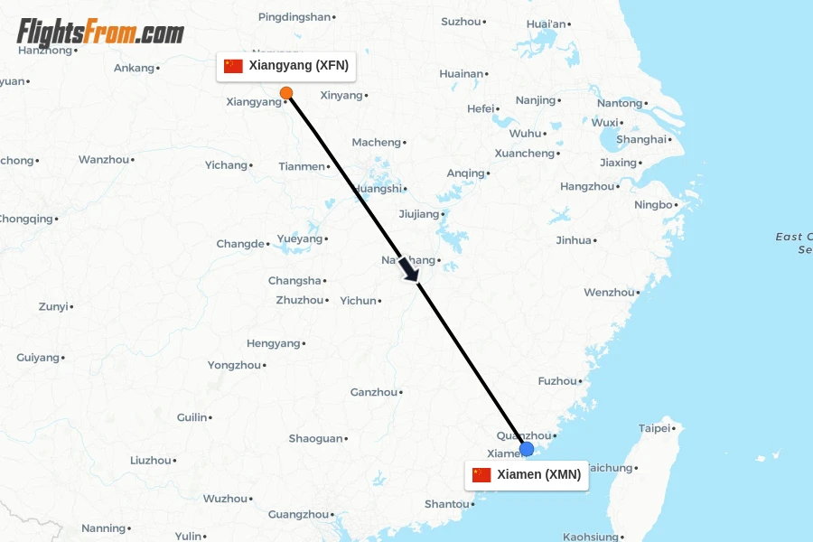 Flights from Xiangyang to Xiamen route map