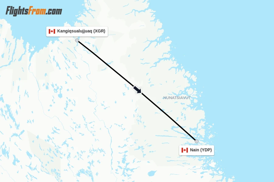 Flights from Kangiqsualujjuaq to Nain route map