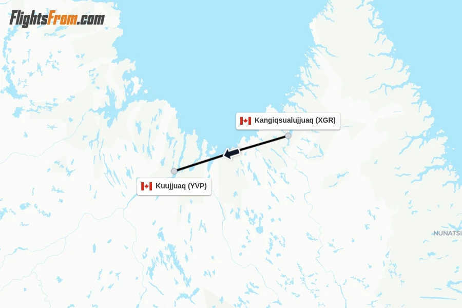 Flights from Kangiqsualujjuaq to Kuujjuaq route map