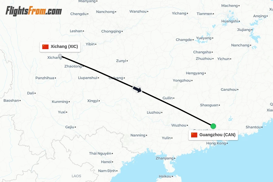 Flights from Xichang to Guangzhou route map