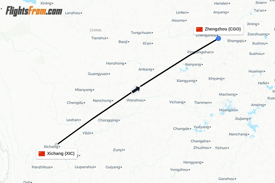 Flights from Xichang to Zhengzhou route map