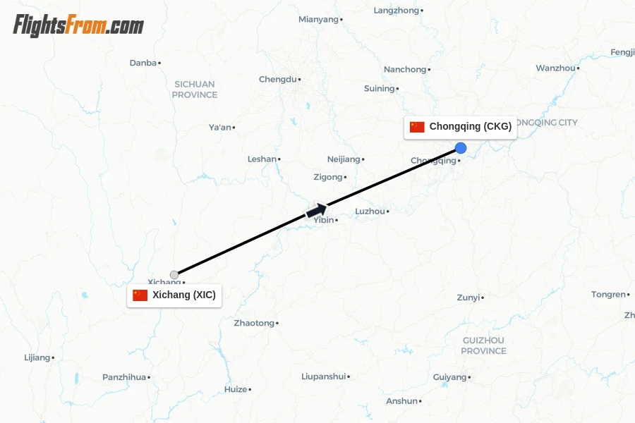 Flights from Xichang to Chongqing route map