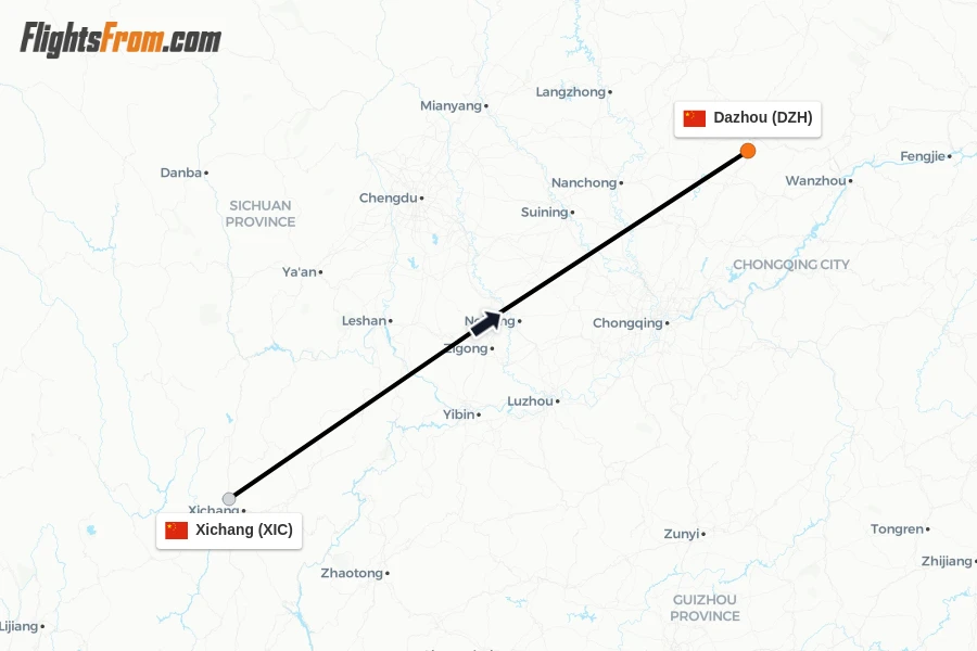 Flights from Xichang to Dazhou route map