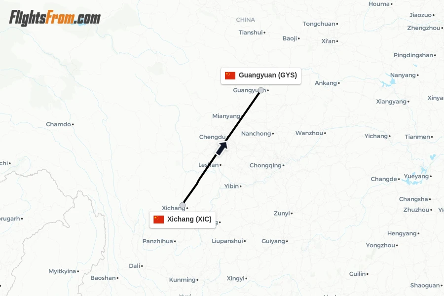 Flights from Xichang to Guangyuan route map