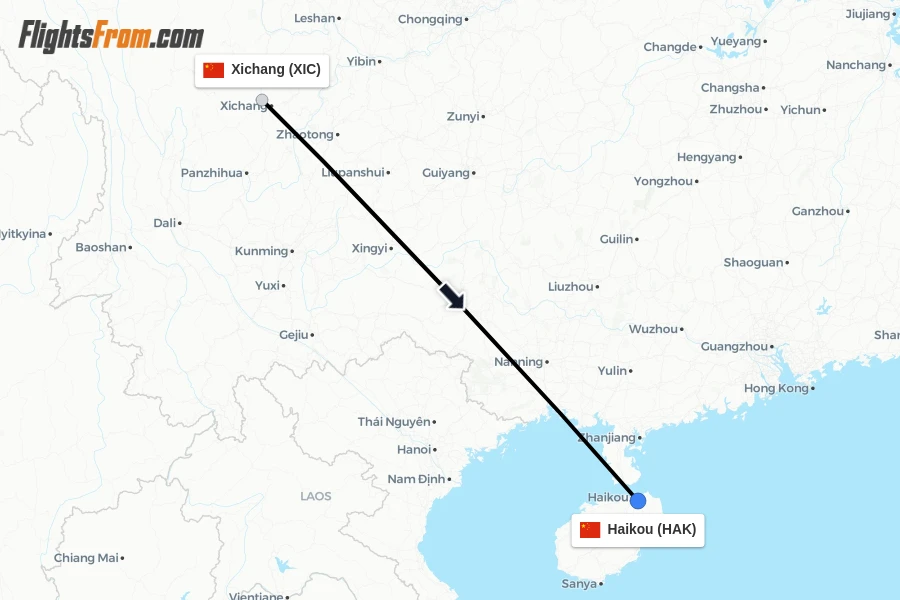 Flights from Xichang to Haikou route map