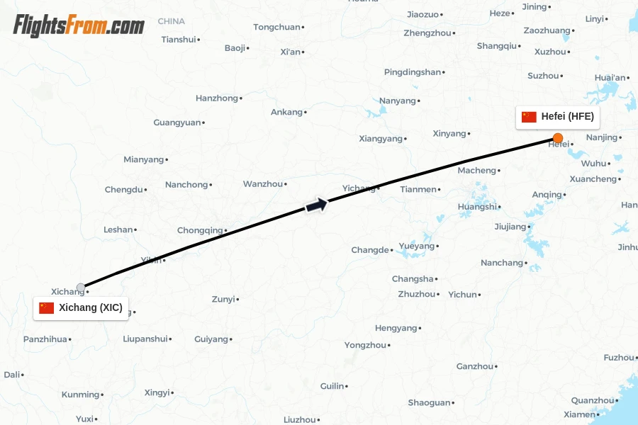 Flights from Xichang to Hefei route map