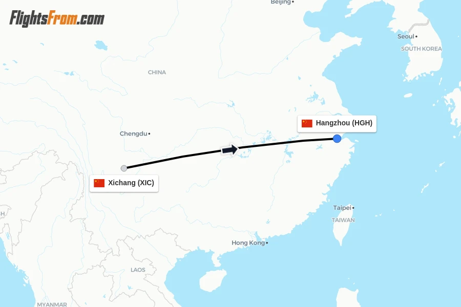 Flights from Xichang to Hangzhou route map