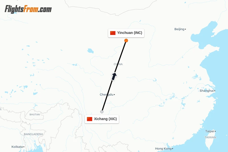 Flights from Xichang to Yinchuan route map