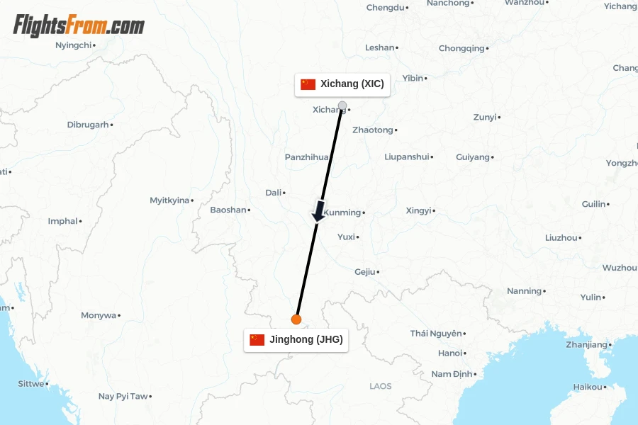Flights from Xichang to Jinghong route map
