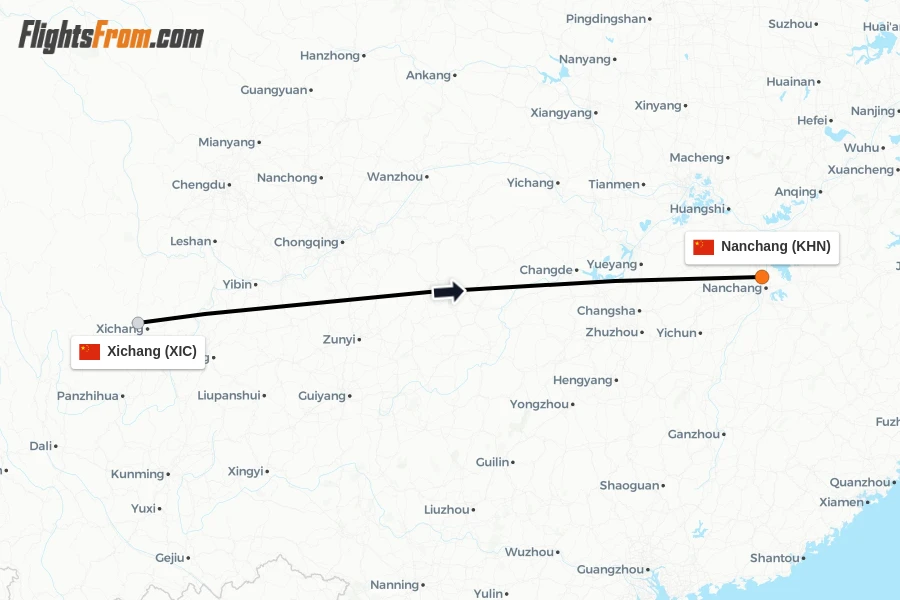 Flights from Xichang to Nanchang route map