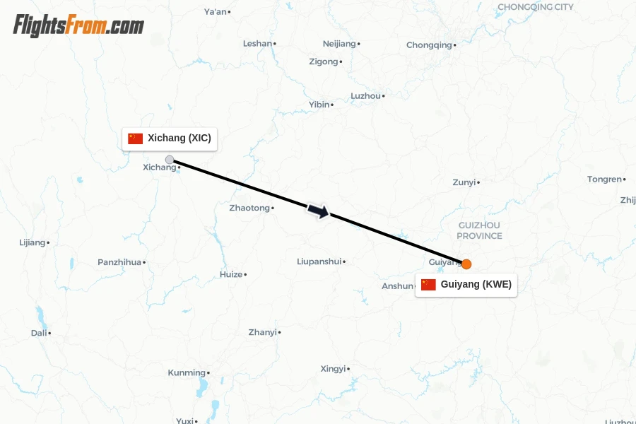 Flights from Xichang to Guiyang route map