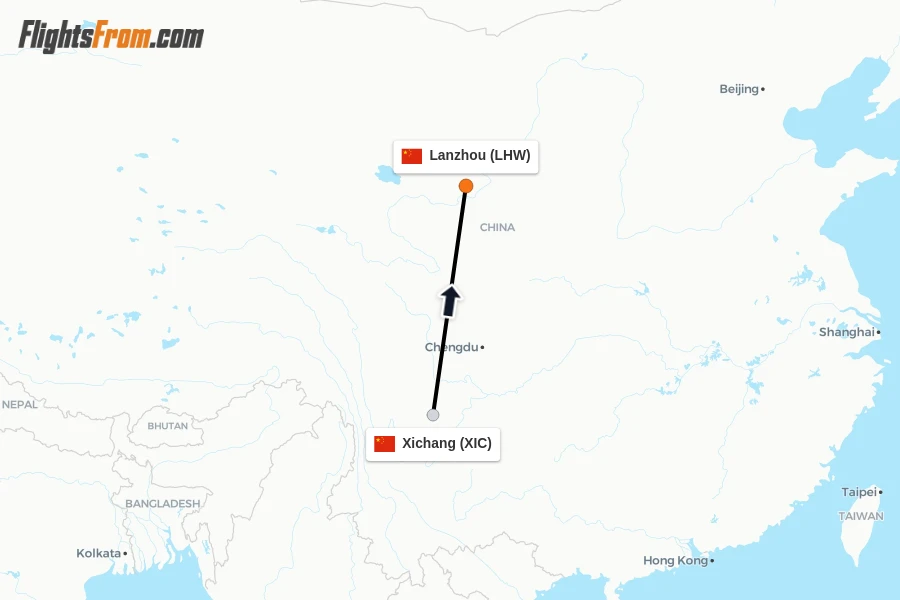 Flights from Xichang to Lanzhou route map