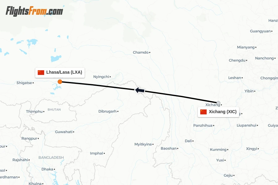 Flights from Xichang to Lhasa/Lasa route map