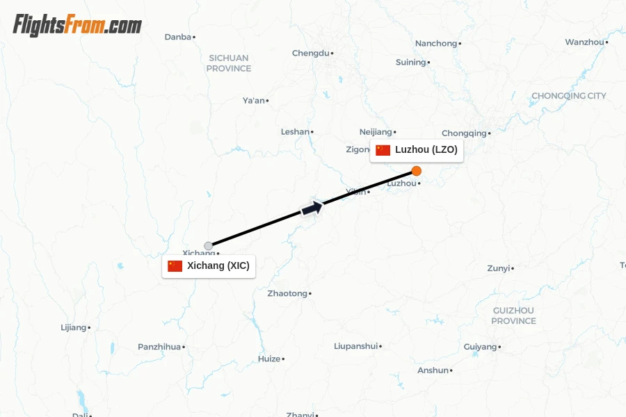 Flights from Xichang to Luzhou route map
