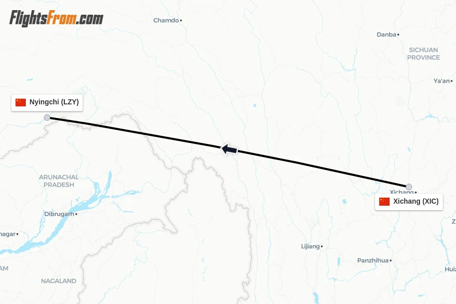 Flights from Xichang to Nyingchi route map
