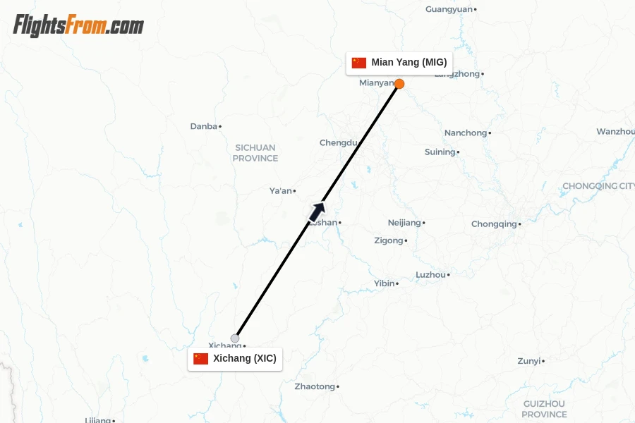 Flights from Xichang to Mian Yang route map