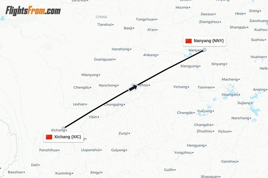 Flights from Xichang to Nanyang route map