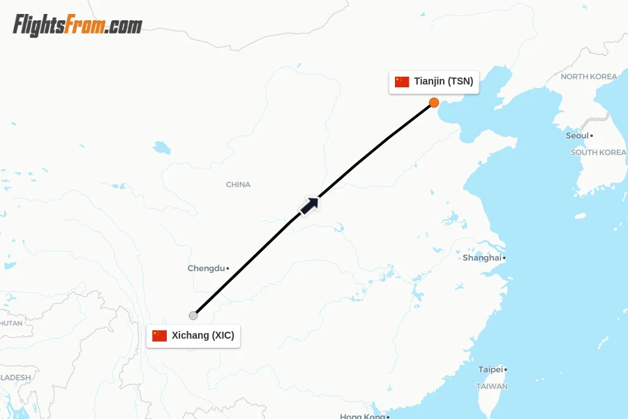 Flights from Xichang to Tianjin route map