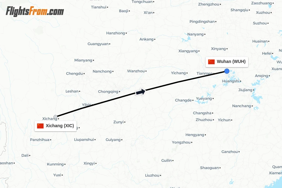 Flights from Xichang to Wuhan route map