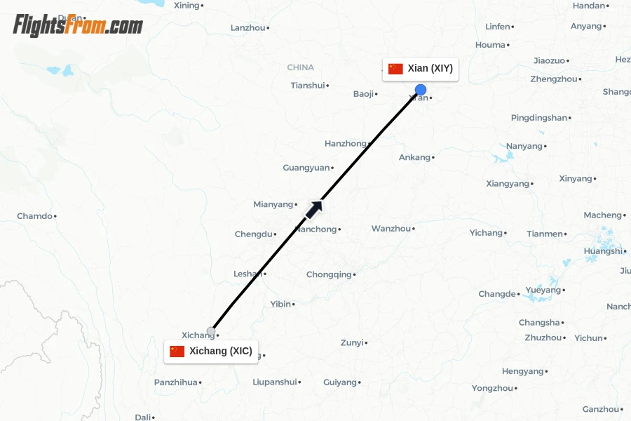 Flights from Xichang to Xian route map
