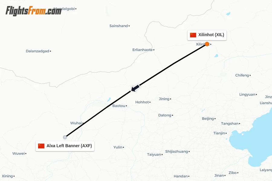 Flights from Xilinhot to Alxa Left Banner route map