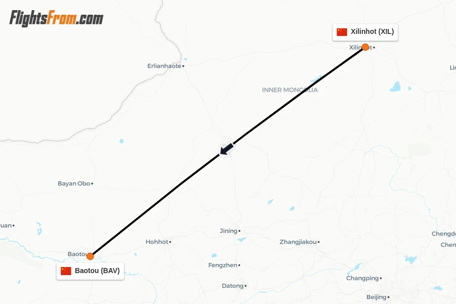 Flights from Xilinhot to Baotou route map