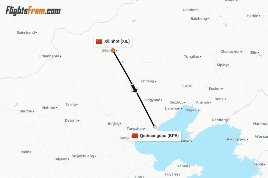 Flights from Xilinhot to Qinhuangdao route map