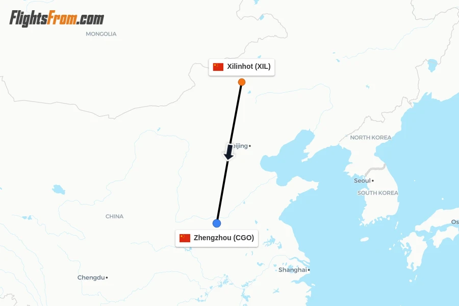 Flights from Xilinhot to Zhengzhou route map