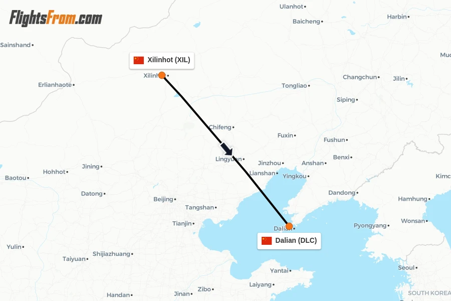 Flights from Xilinhot to Dalian route map