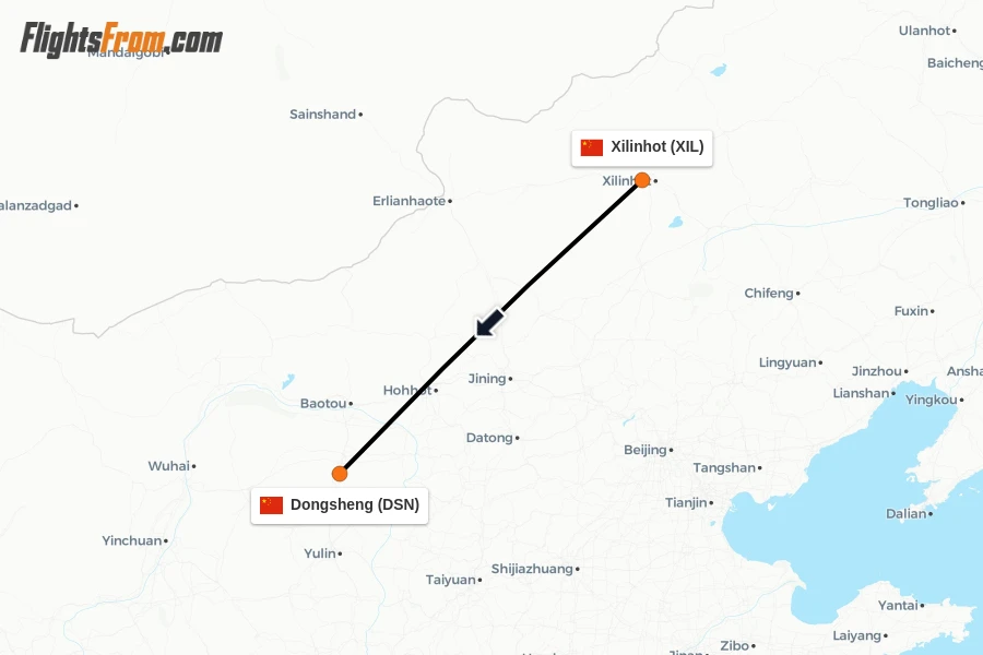 Flights from Xilinhot to Dongsheng route map