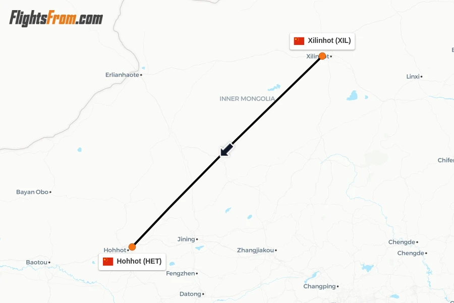 Flights from Xilinhot to Hohhot route map