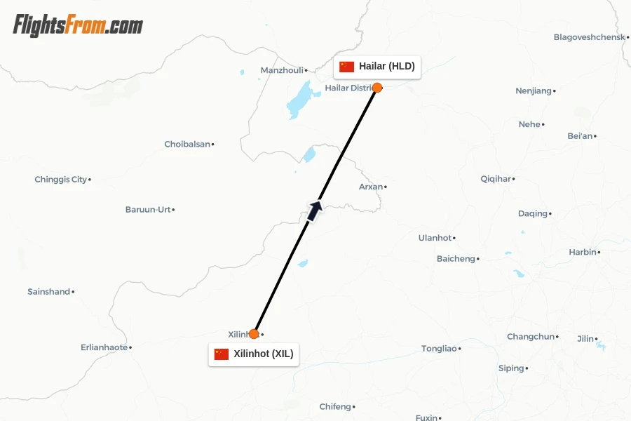 Flights from Xilinhot to Hailar route map