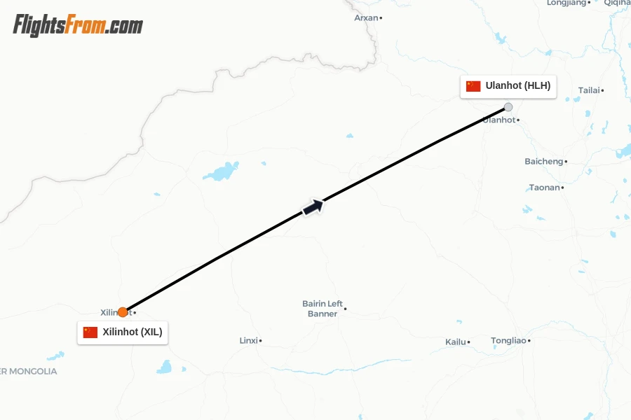 Flights from Xilinhot to Ulanhot route map