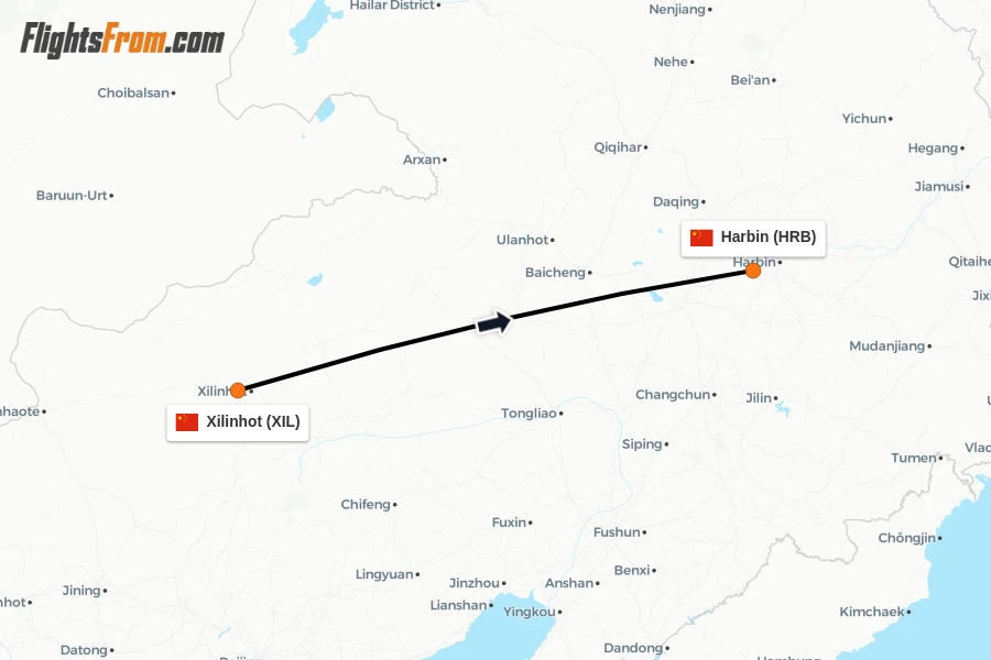 Flights from Xilinhot to Harbin route map