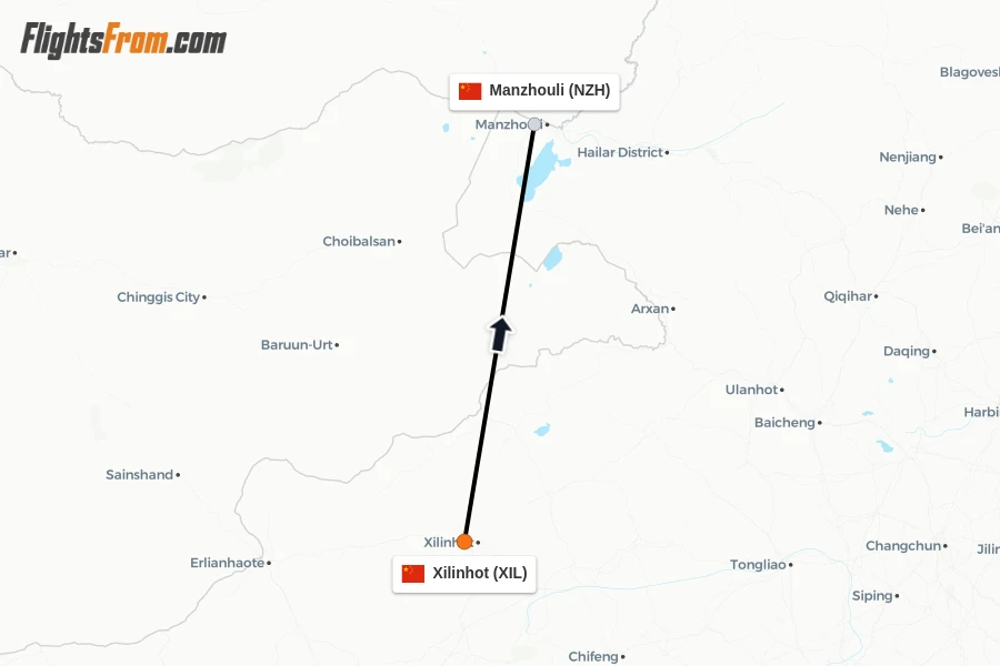 Flights from Xilinhot to Manzhouli route map