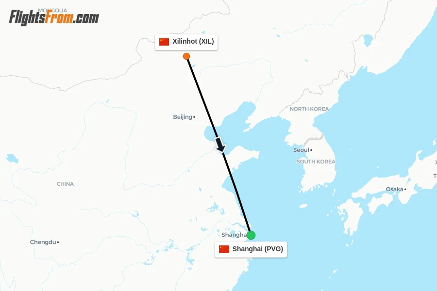 Flights from Xilinhot to Shanghai route map