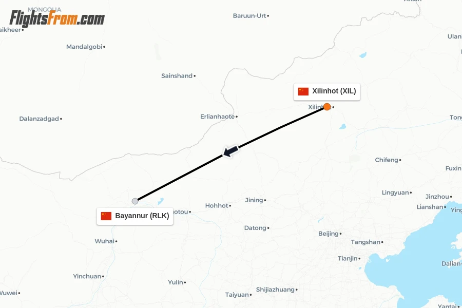 Flights from Xilinhot to Bayannur route map