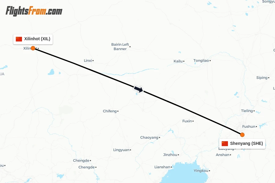 Flights from Xilinhot to Shenyang route map
