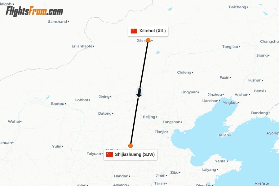 Flights from Xilinhot to Shijiazhuang route map