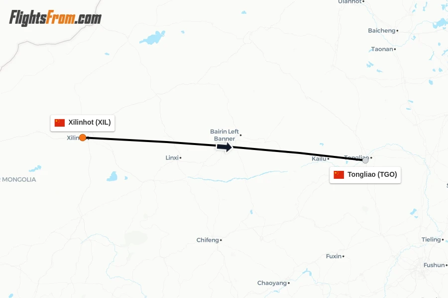 Flights from Xilinhot to Tongliao route map
