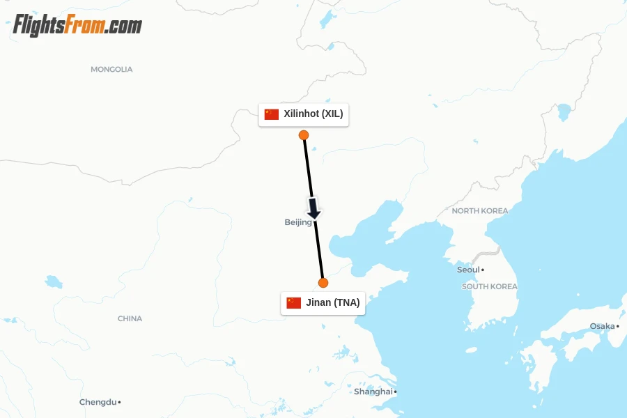 Flights from Xilinhot to Jinan route map