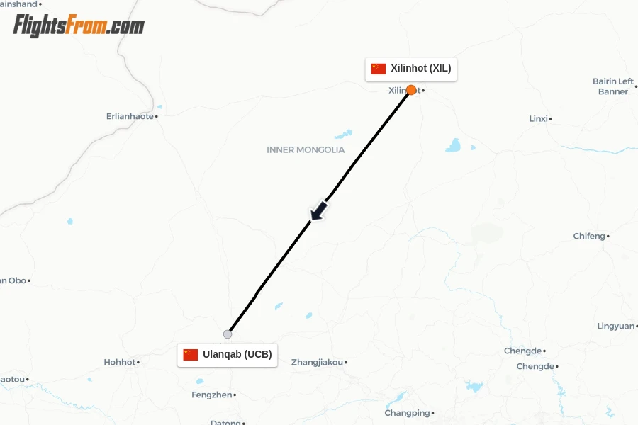 Flights from Xilinhot to Ulanqab route map