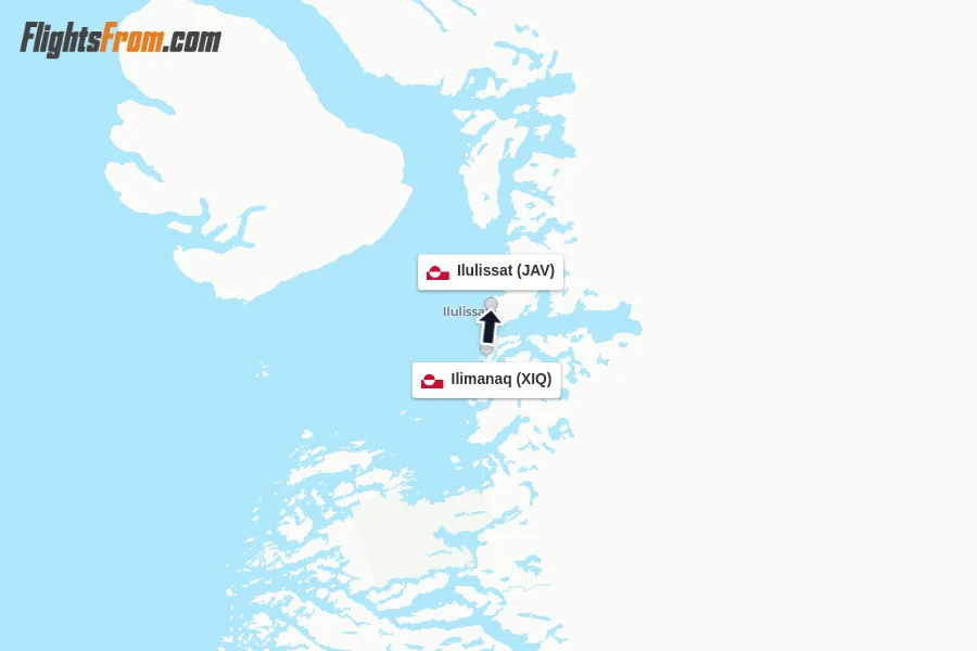 Flights from Ilimanaq to Ilulissat route map